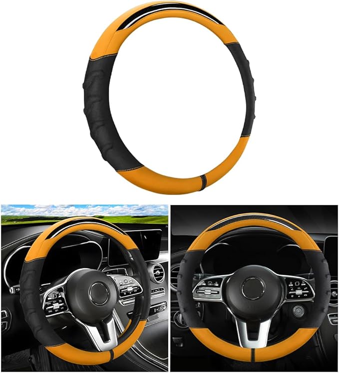 Car Steering Wheel Cover, Non-Slip Vehicle Steering Wheel Protector, Automotive Interior Accessories for Women Men, 15 Inch Universal for SUV, Truck, RV, Van and More（Black/Orange）