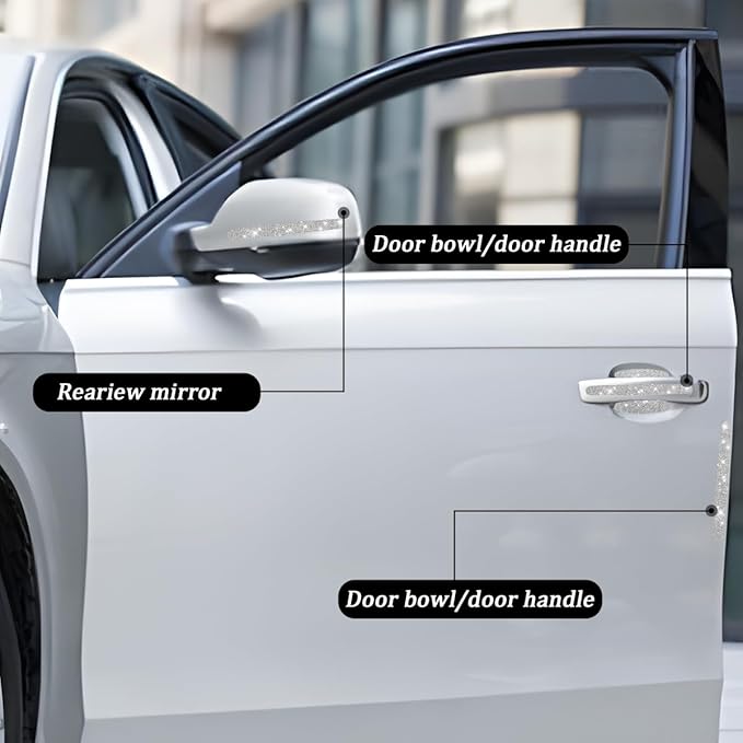 8PCS Bling Car Door Handle Protector, Crystal Rhinestone Anti-Scratch Vehicle Door Handle Bowl Stickers, Glitter Automotive Exterior Decal Accessories, Universal for Vehicles (White)