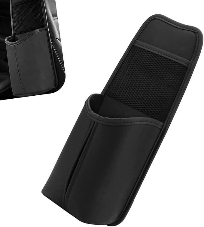 Car Tissue Holder, Leather Seat Side Strap-On Organizer Box with Mesh Net, Multifunctional Hanging Card Cup Holder Storage Bag, Universal for Most Cars (Black)