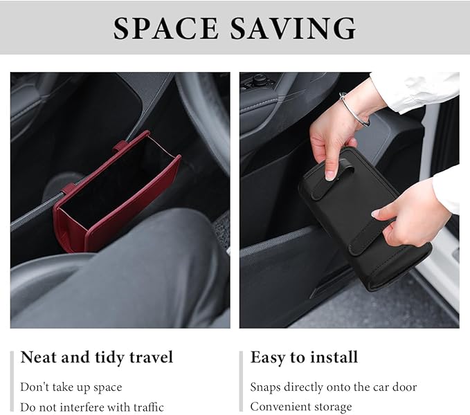 Car Trash Can, Foldable Small Hanging Trash Bin Waterproof Car Door Organizer, Multi-Function Leather Garbage Bag Mini Storage Can for Vehicle Back Seat & Side Door (Wine Red)