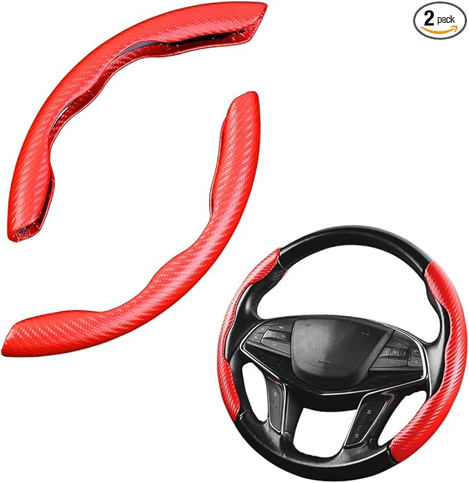Steering Wheel Cover, 2PCS Segmented Steering Wheel Protector, Carbon Fiber Anti-Slip and Durable Car Accessory, Universal Fit for Most Cars，SUVs (Carbon Fiber Red)