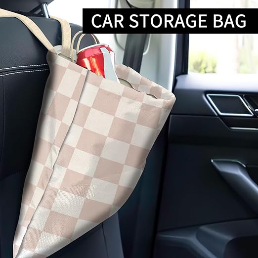 Car Trash Can, Cute Car Trash Bag, Hanging Car Organizer and Storage Bag, Trash Bin for Car Accessories, Vehicle, Travelling, Camping Cute Champagne Checkerboard