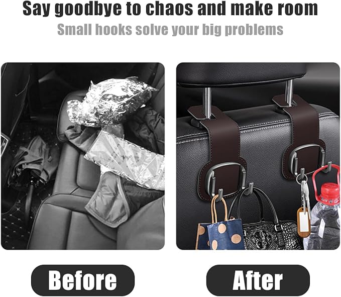 Car Headrest Hooks, 2PCS Foldable Double Vehicle Back Seat Organizer Hanging Holder for Purse Coat Umbrella, Automotive Interior Seatback Storage Hanger Accessories, Universal Fit (Brown)
