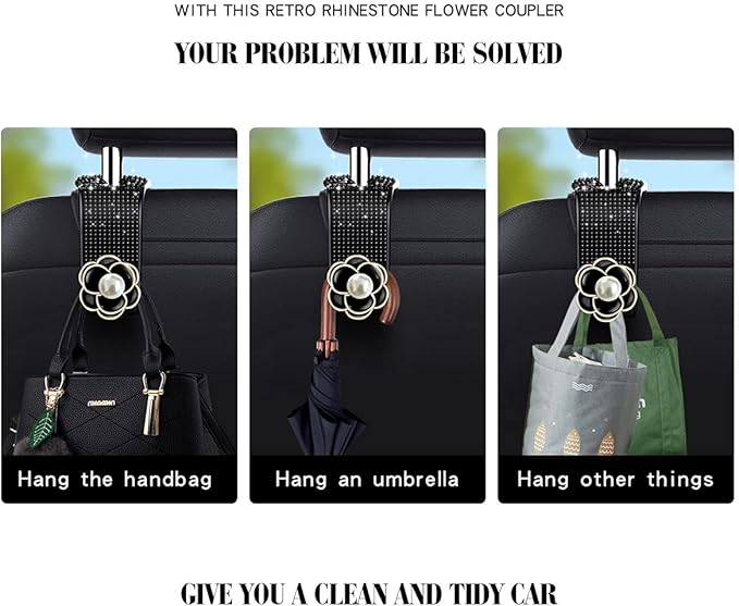 2 Pieces Bling Car Hooks for Back Seat Purses and Bags - Headrest Mask Organizer With Diamond (Black)