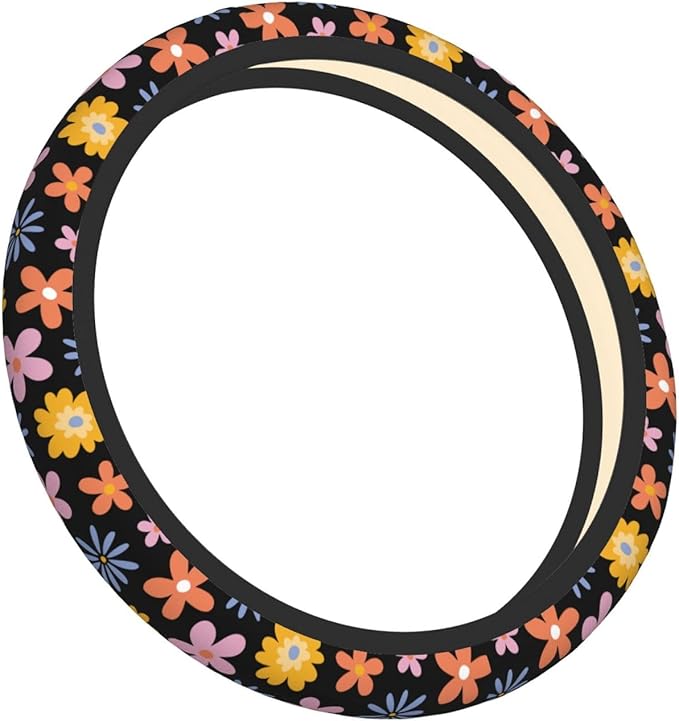 Vintage Daisy Neoprene Steering Wheel Cover Anti-Slip Elastic Flower Floral Steering Wheel Protective Cover 15in Universal Car Accessories Fit Cars, SUVs, Auto