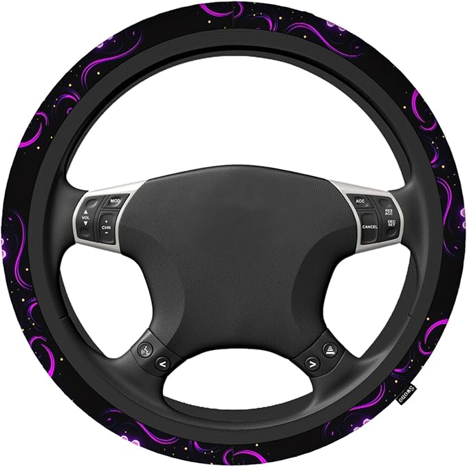 Swono Butterfly Purple Steering Wheel Cover for Men Women Abstract Purple Butterfly and Flower On The Black Universal 15 Inch Auto Neoprene Case Anti-Slip Car Wheel Protector