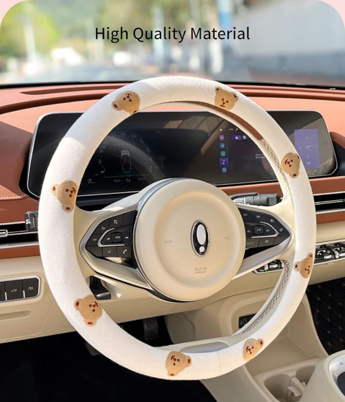 Wheel Cover Flax Microfiber Steering Wheel Covers for Women Fit 15 inch Car Cute Bow Tie Anti-Slip Breathable Absorbing Sweat Cover (Type-D-Bear)