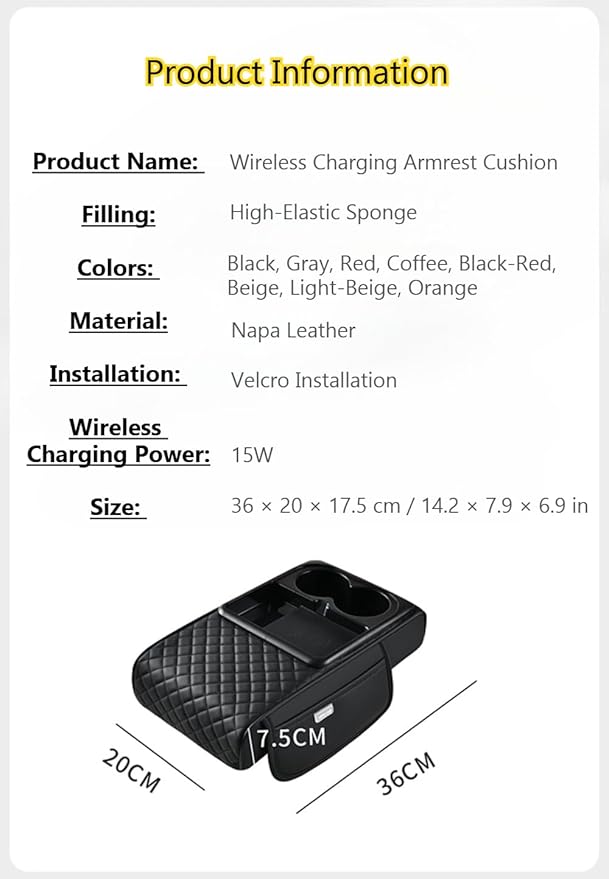Car Armrest Pad with Built-in Induction Charging, Leather Center Console Cushion with 15W Power Pad, Dual Cup Holders, Storage Pockets - Black