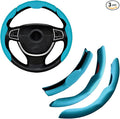 Car Steering Wheel Cover, Nappa Leather 15 Inch Snap-On 3PCS Set Vehicle Steer Wheel Wrap Protector, Non-Slip Automotive Interior Protection Accessories, Universal Fit (Blue)
