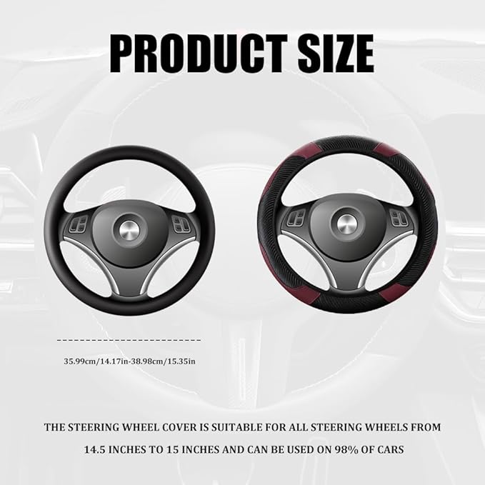 Car Steering Wheel Cover, Steering Wheel Cover Protector, 15 Inch Carbon Fiber Microfiber Leather Elastic Steering Wheel Protector, Car Steering Wheel Accessories for Vehicles (Black WineRed)