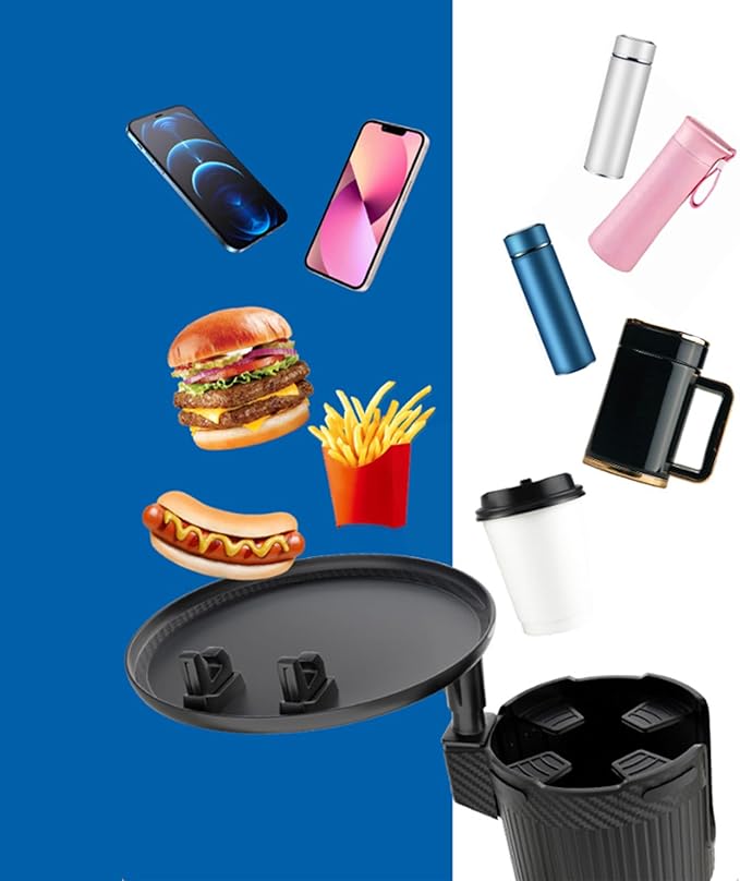 Cup Holder Tray for Car, 2 in 1 Detachable Car Food Table Tray with Solid Base & Phone Slot,Car Cup Holder Expander with 360°Rotation Tray for Travel Road Essentials (Round)