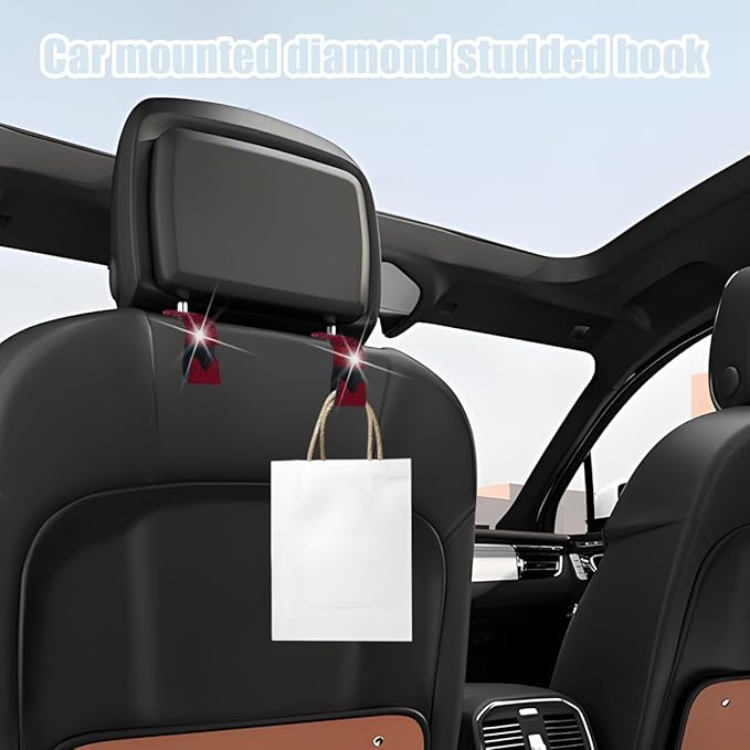 Bling Car Seat Headrest Hooks, 2PCS Crystal Rhinestone Vehicle Backseat Purse Holder for Handbags Coats Umbrellas, Diamond Auto Back Seat Storage Organizer Hanger, Universal Fit (Red)