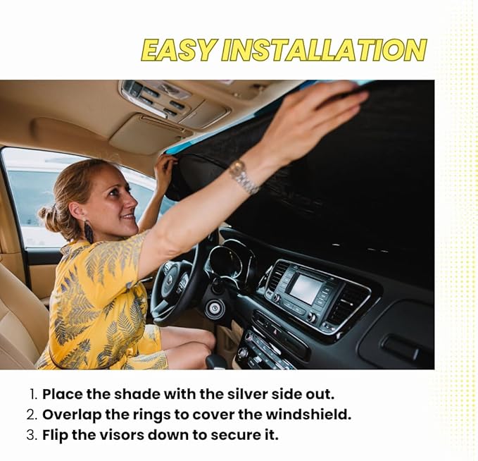 Kinder Fluff Windshield Sunshade | Reflective Patented Car Sun Protection - Certified 99% UVR Block - Cool Interior | Foldable Sun Visor Cover | Automotive Accessories for Summer Heat | Size L 63"x35"