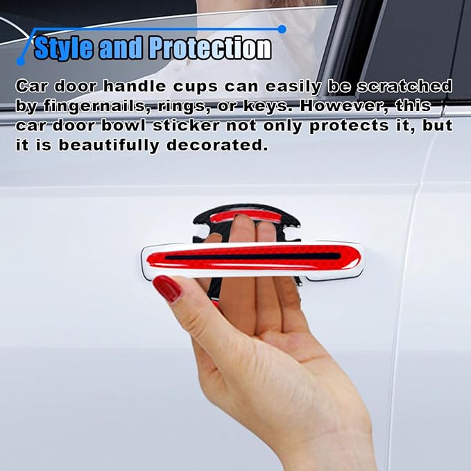 8PCS Reflective Car Door Handle Protector Stickers - Carbon Fiber Auto Handle Guard, Anti-Scratch, Red