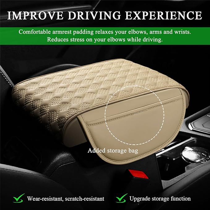 Car Armrest Cushion, 12.6"×8.7" Waterproof Leather Center Console Cover with Pocket, Auto Comfortable Memory Foam Middle Console Elbow Pillow Cushion Pad, Car Accessories (Beige)