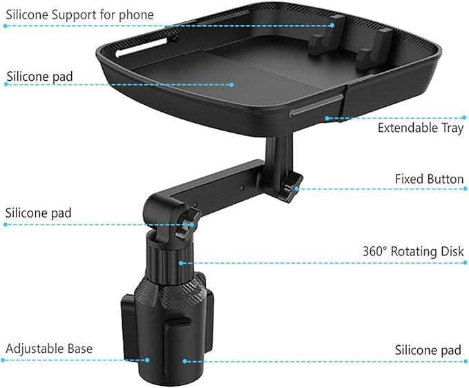 DOUBFIVSY Larger Cup Holder Tray for Car, 10 inch Car Food Tray with Phone Holder Detachable 3 in 1 Car Cup Holder 360° Rotating Food Table Tray Expander for Eating