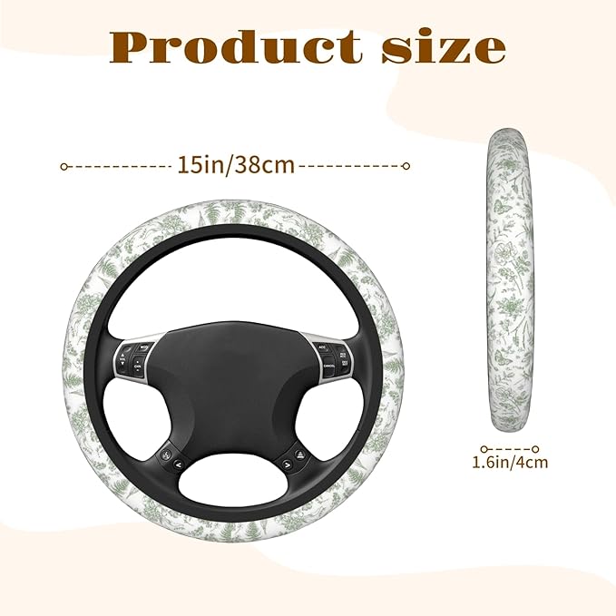Steering Wheel Cover Accessories Neoprene Cover, Breathable Non-Slip Easy to Install Suitable for Women Men, 14.5-15.5 Inch for Car SUV Van Truck Universal - Green Plants