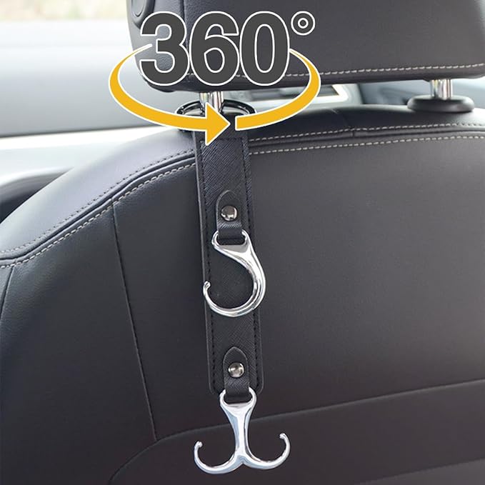 Car Seat Headrest Hook, 2PCS 3 in 1 Leather Vehicle Seat Back Hanger Holder for Grocery Purse Cloth Handbag, Automotive Backseat Storage Organizer, Universal for Truck SUV Sedan (Black)