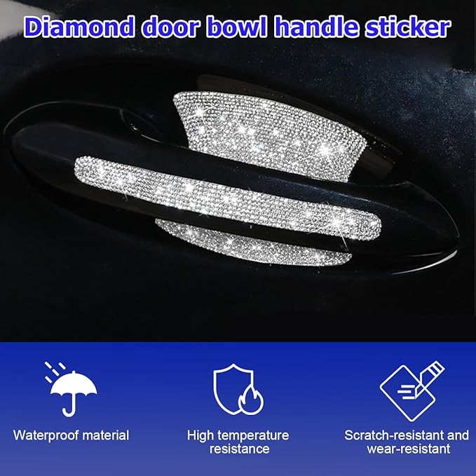 Mandark 8PCS Bling Car Door Handle Protector, Crystal Rhinestone Vehicle Door Bowl Protective Sticker, Glitter Anti-Scratch Auto Decor Decals Accessories, Universal for SUV, Sedan, Truck (White)