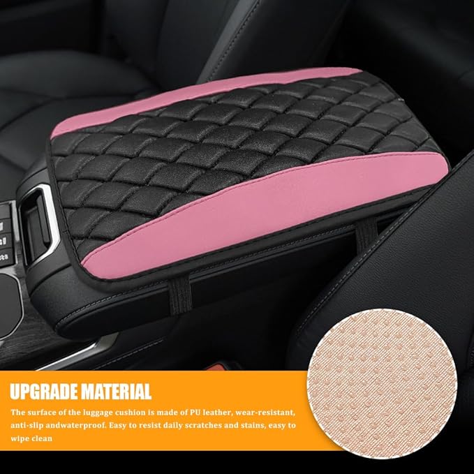Car Center Console Cover, Leather Waterproof Armrest Seat Box Cushion Pad, Universal Decor Protector Mat, Comfortable Car Decor Accessories Fit for Most Cars, Vehicles, SUVs (Pink)