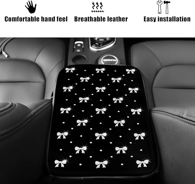 Car Center Console Cover, Waterproof Leather Bow Ribbon Vehicle Arm Rest Pad, Comfortable Automotive Interior Seat Box Armrest Protection Cushion Accessories, Universal Fit (Silver)