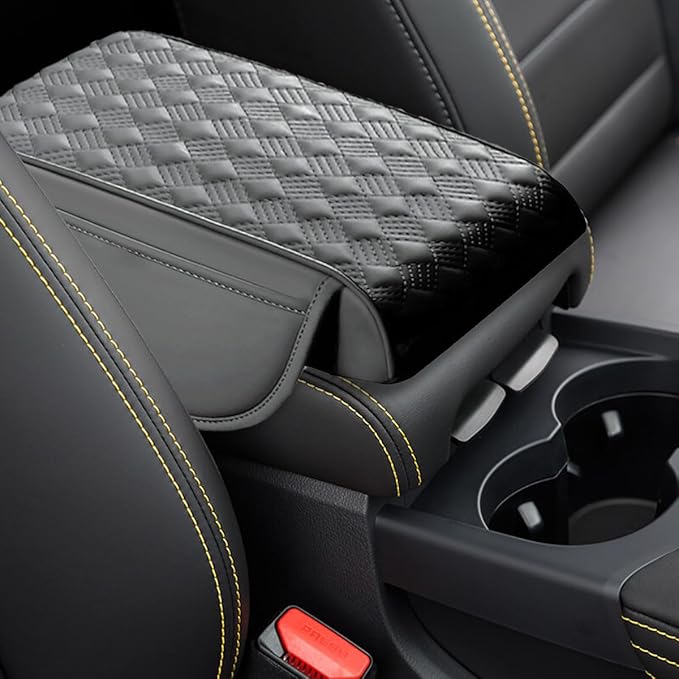 Car Center Console Cover with Storage Pocket, Waterproof Leather Car Armrest Cover Cushion Pad Distributes Elbow Stress, Non-Slip Middle Console Storage Box Covers for Most Vehicles (Grey)