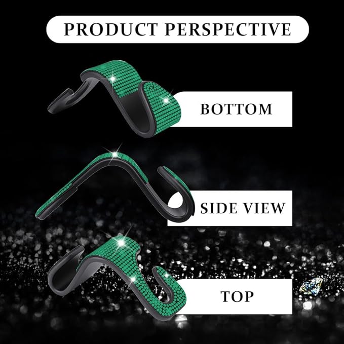 2PCS Car Seat Hooks, Purse Hook for Car, Crystal Rhinestone Vehicle Backseat Purse Holder, Auto Accessories Diamond Auto Seatback Storage Organizer Hanger for Handbag Clothes Purse (Green)
