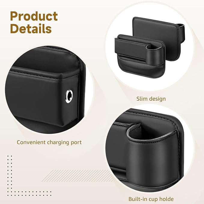 Toyosport 2 Pcs Car Seat Gap Filler Organizer, Leather Storage Box with Cup Holder, Cable Hole, Clutter Catcher for Cars, Black Seat Gap Storage Pockets for Driver and Passenger Seats