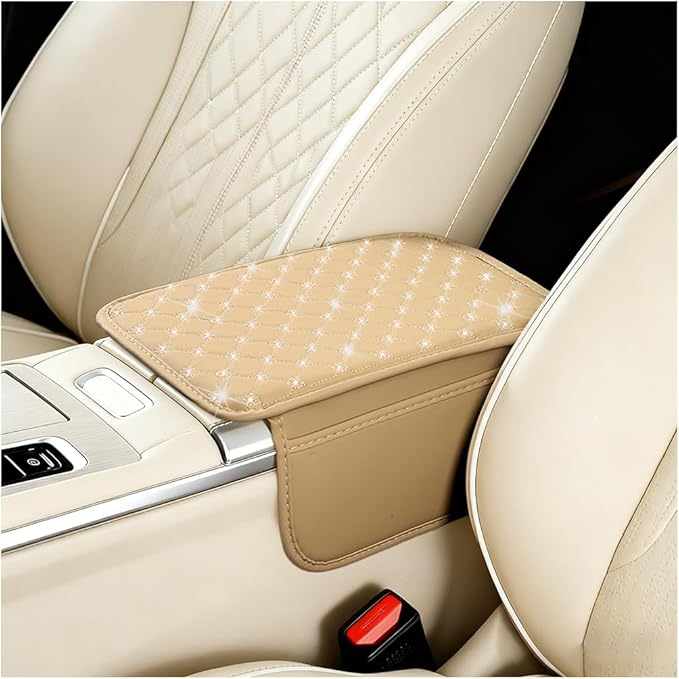 Car Center Console Cover, Leather Vehicle Armrest Storage Box Protector with 2 Storage Bags, Automotive Interior Middle Console Cushion Pad, Universal for SUV Sedan Truck (Beige)