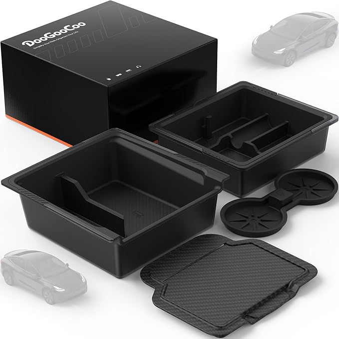 DooGooCoo Center Console Organizer for Tesla New Model Y Juniper/Model 3 [2-Layer Design, Easy Slide] Keep Console Clutter-Free Custom Fit for 2024-2026 Model 3 & Juniper Model Y Accessories, 4PC