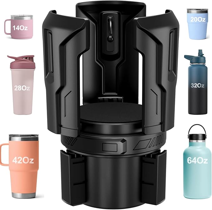 Cup Holder Expander (Adjustable Holder & Base, Auto-Fit Hold, One Button Open), Car Cup Holder Expander for Yeti, Hydro Flask, Nalgene, Owala, Bottles in 2.6"- 4.8" (1 Pack)