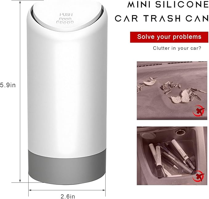 Mni Car Trash Can with Lid, Portable Silicone Auto Garbage Container for Cup Holder, Multipurpose Trash Bin for Car Home Office, Waterproof Leakproof Small Vehicle Trash Can (White)
