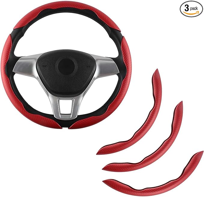 3pcs Carbon Fiber Car Steering Wheel Cover, Segmented Anti-Skid Steering Wheel Protector, Universal 99% Steering Wheel, Butterfly Steering Wheel Cover Women Men, Car Accessories Interior (Red)