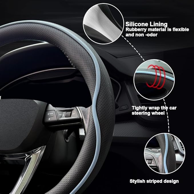 HAOTULE Leather Steering Wheel Cover， with Anti-Slip Stripe Design - Enhanced Grip, Fashion Style, Safe, Non-Slip, Breathable. Upgrade car Interior，Black Blue
