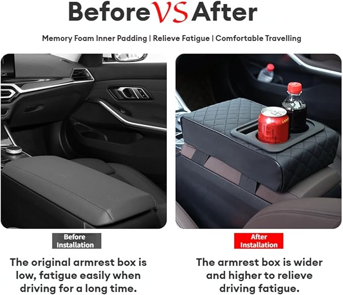 Center Console Booster Cover Car Armrest Box Pad Leather Arm Rest Cushion with Cup Holder Mobile Phone Storage Armrest Protection Pad for Car (Grid Coffee, 13.58 * 8.07 * 2.95 inch)