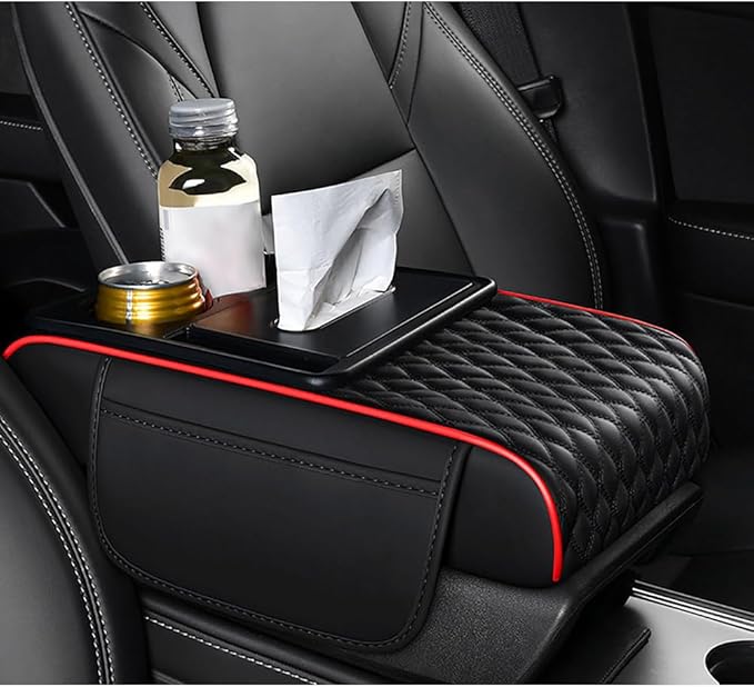 Car Center Console Cover for Jeep Wagoneer Wrangler Grand Cherokee Grand Commander,Multifunctional Auto Armrest Cushion Pad Armrest Middle Console Cover Interior Accessories,Black+red