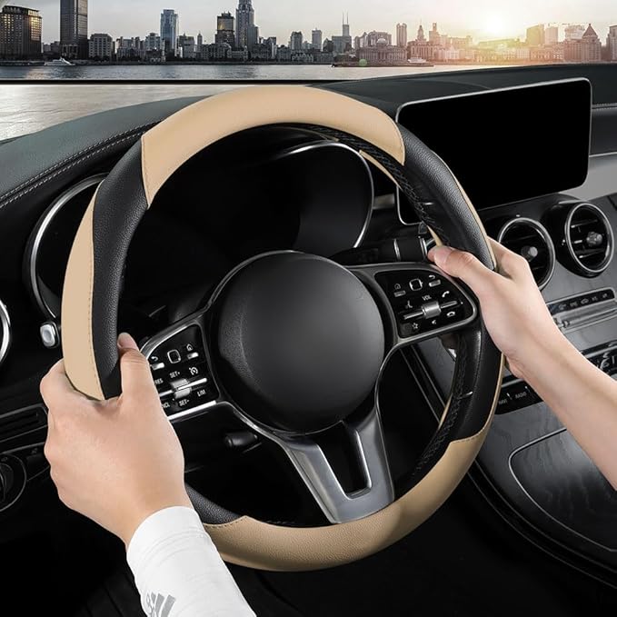 Car Steering Wheel Cover, Microfiber Leather Steering Wheel Cover Universal Fit 14.5-15 inch Anti-Slip Comfortable Breathable Car Wheel Protector for Men Women,Beige
