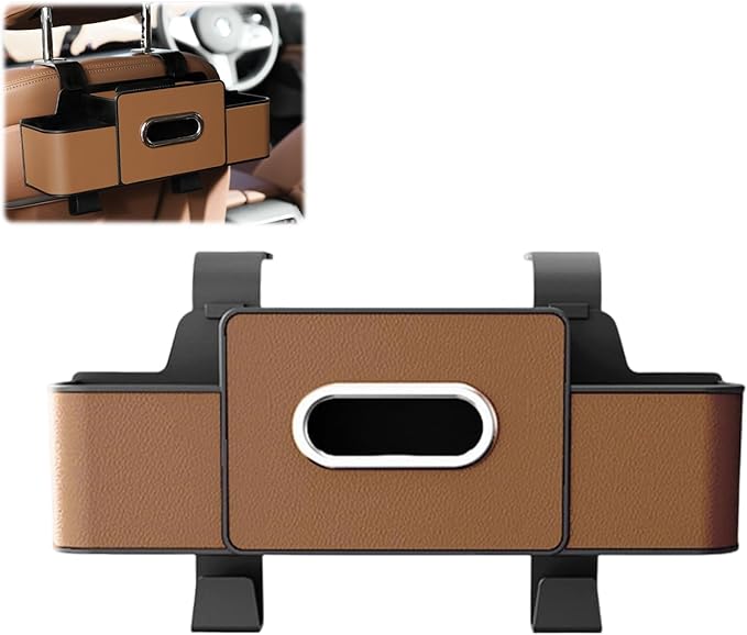 ROVIA Multifunctional 3‑in‑1 Car Seat Back Storage Box Organizer with Cup Holders, Tissue Box Slot & Headrest Hooks – Backseat Car Organizer for Phones, Snacks, Drinks, Bags, Travel Storage (Brown)