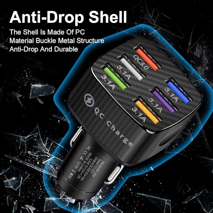 6 in 1 Super Fast Charging USB Car Charger Adapter for iPhone 16 15 14 13 12 11 Samsung & Android, QC3.0 Multi Port Cigarette Lighter USB Charge for Phone
