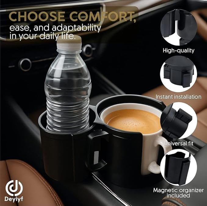 Car Cup Holder Expander - 2 in 1 Adjustable Cup Holder Adapter Set with Magnetic Bottle Mount Accessory - Fits Big Cups and Large Water Bottles - Drink Caddy