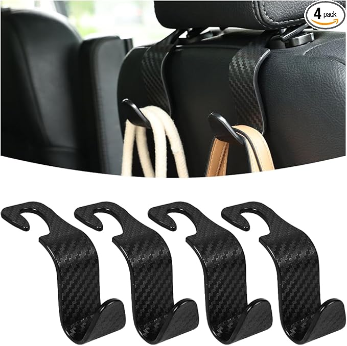 Car Seat Headrest Hook, 4 Pack Auto Seat Hanger Storage Organizer for Purse Handbag Coats Grocery Bags, Car Interior Accessories, Universal Vehicle Backseat Plastic Hanging Hook (Black2)