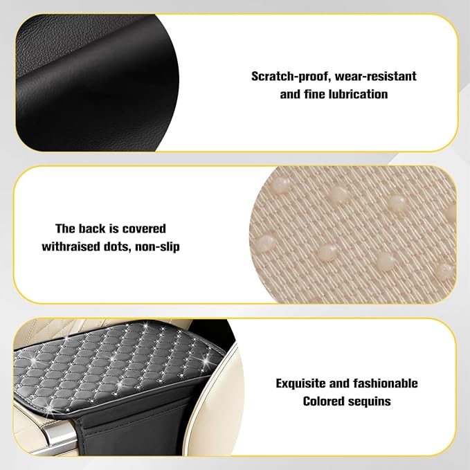 Car Center Console Cover, Leather Vehicle Armrest Storage Box Protector with 2 Storage Bags, Automotive Interior Middle Console Cushion Pad, Universal for SUV Sedan Truck (Black)