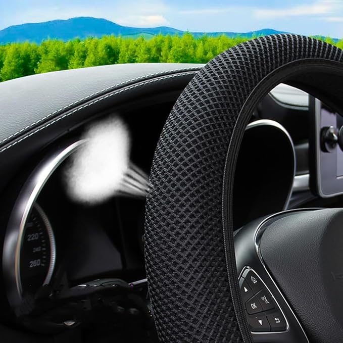 Breathable Stretch Elastic Steering Wheel Cover, Cool in Summer and Warm in Winter, Soft Microfiber Ice Silk Cloth Fabric, Universal 14.5-15 in, Fit Suvs, Vans, Sedans, Cars, Trucks (A-Black+)