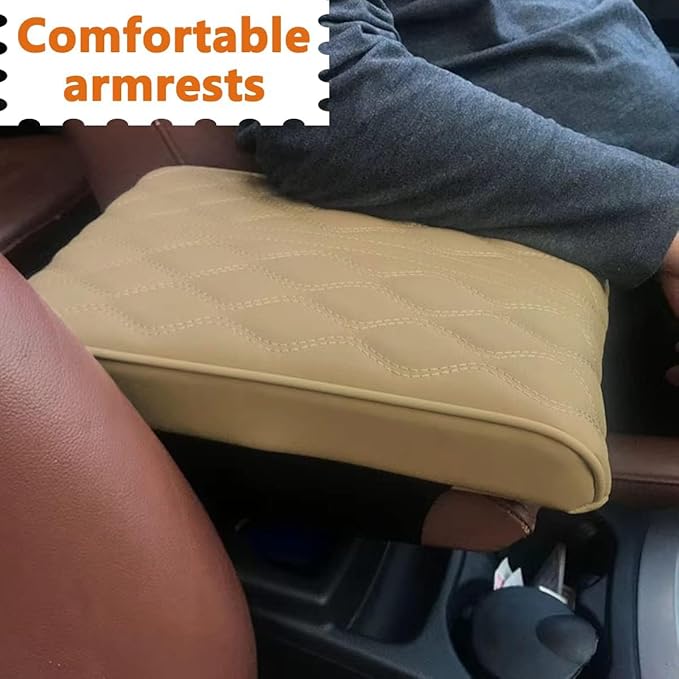 BODLYL Car Center Console Cover, Memory Foam Car Armrest Cushion, Beige Auto Arm Rest Pad, Leather Arm Rest Covering Car, Hand Rest Pillow for SUV/Truck/Vehicle (Beige)
