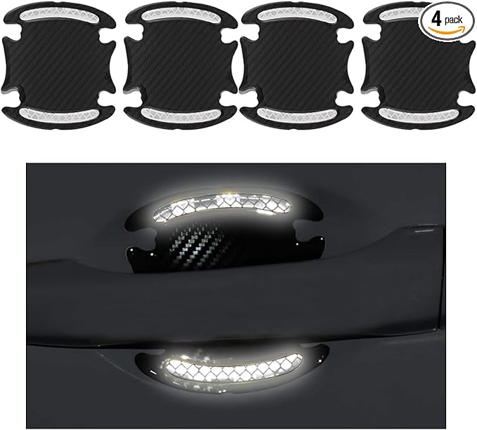 Augeny 4 Reflective Stickers, 3D Carbon Fiber Door Handle Guard, Anti-Scratch Bowl Protective Film for Most Cars (White)