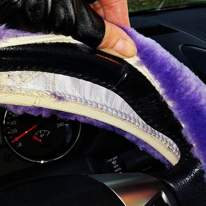 Genuine Fuzzy Wool Sheepskin Fur car Steering Wheel Cover for Adults Girls Women Men,Protector for Universal Steering Wheel 35CM-41CM, Anti-Slip,Comfort Luxurious, Gift for Women (Light Purple)
