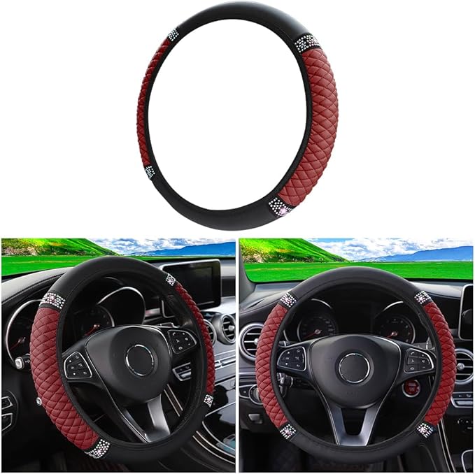 LoyaForba Bling Soft Leather Steering Wheel Cover, 15 Inch Colorful Rhinestones Auto Elastic Steering Wheel Protector, Sparkly Crystal Diamond for Women Girls, Car Accessories for Most Cars (Wine Red)