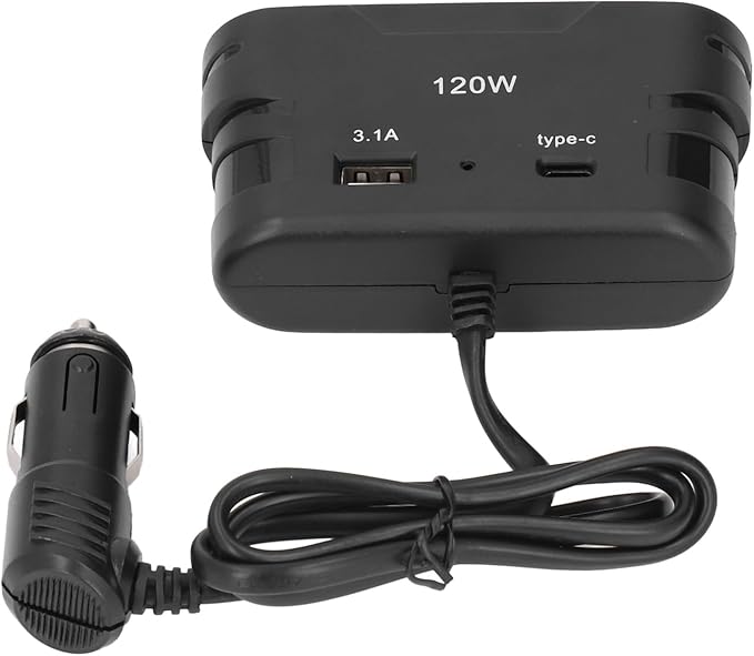 Pilipane Cigarette Lighter Plug Splitter Adapter 1 to 3 Multi Port Power Plug Car Charger with USB and Type C 12V 24V 120W for Car Refrigerators Cameras Mobile Phones ABS Material