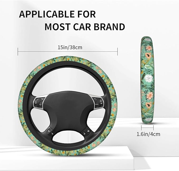 Wild Plant Flowers Steering Wheel Cover for Women Men with 2 Pcs Car Coasters, 15 Inches Neoprene Anti-Slip Cute Universal Green Car Accessories Protective Cover for Vehicle