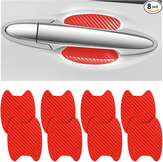 8PCS Car Door Handle Sticker, Carbon Fiber Anti-Scratches Car Door Cup Protector, Non-Marking Auto Door Handle Protective Film, Self-Adhesive Door Side Paint Protector for All Cars (Red/8PCS)